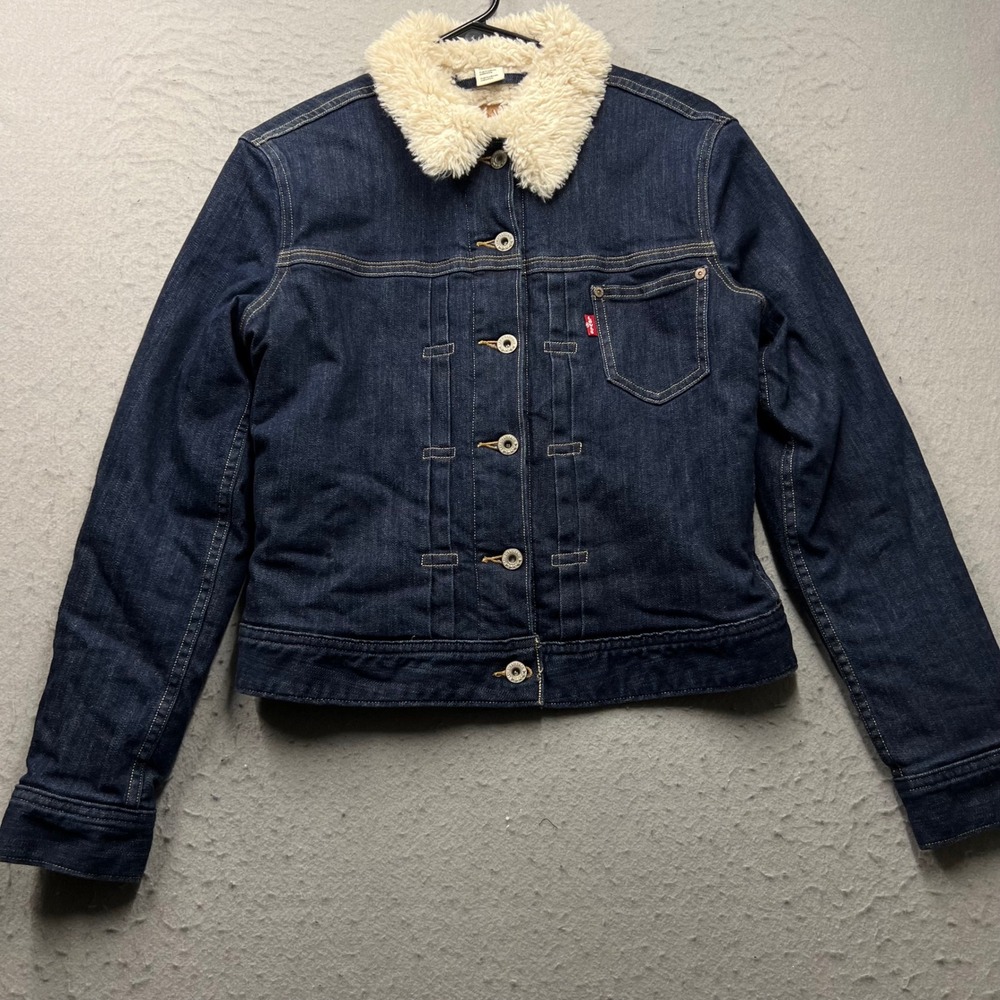 Levis Sherpa Lined Denim Jacket Dark Wash Blue Trucker Womens Size M 2021